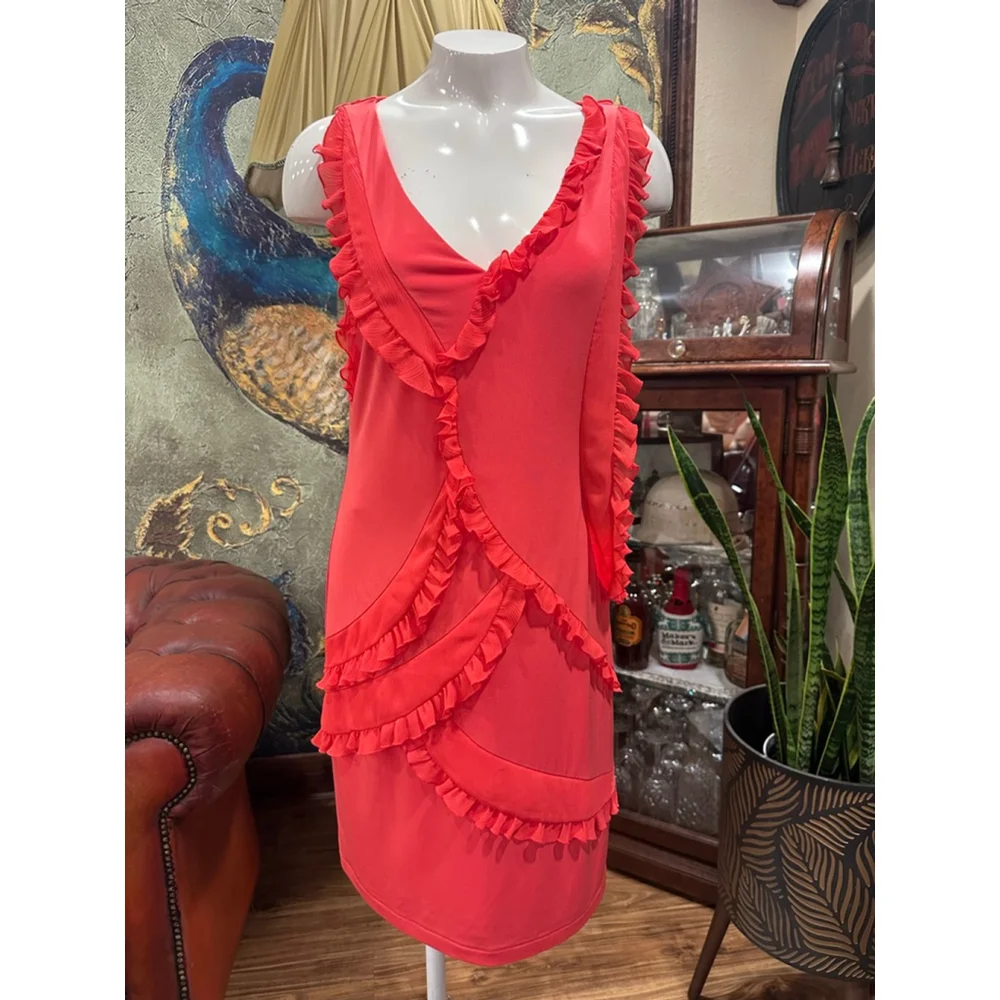 Tahari Arthur S Levine Coral Ruffle Sheath Dress Size 6 - Picture 3 of 10